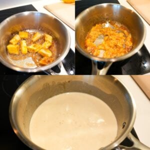 Bananas cooking in a saucepan with heavy cream.