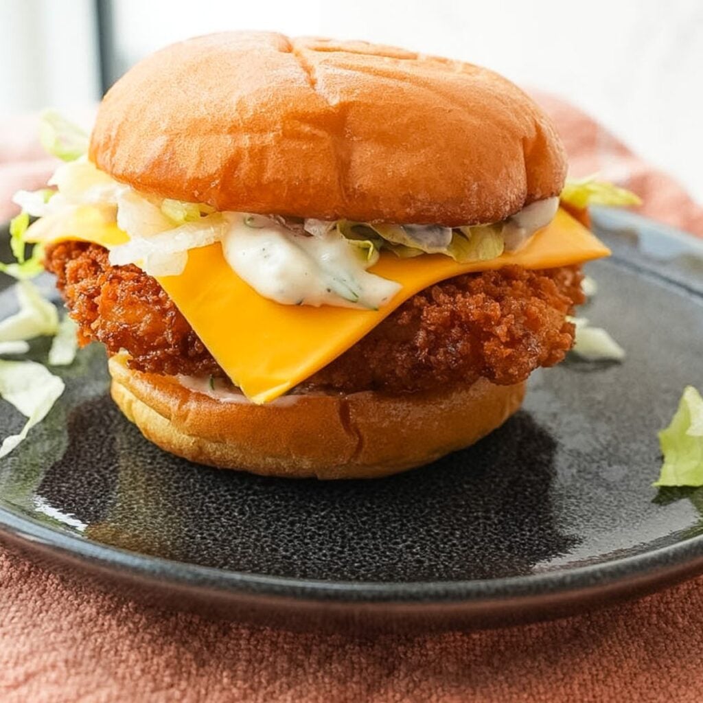 Crispy fried cod sandwich on a toasted bun with melted American cheese, shredded lettuce, and tartar sauce.