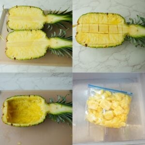 Pineapple cut in half, diced and scooped out into a plastic bag.