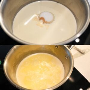 Heavy cream, sugar and vanilla extract simmering in a sauce pan.