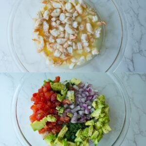 Shrimp cooked in lime juice with tomatoes, onion, avocado and cilantro.