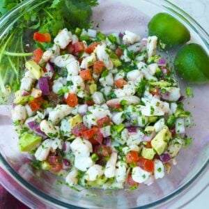 Shrimp ceviche in a bowl with avocado, tomatoes, red onion, cilantro and jalapeño.