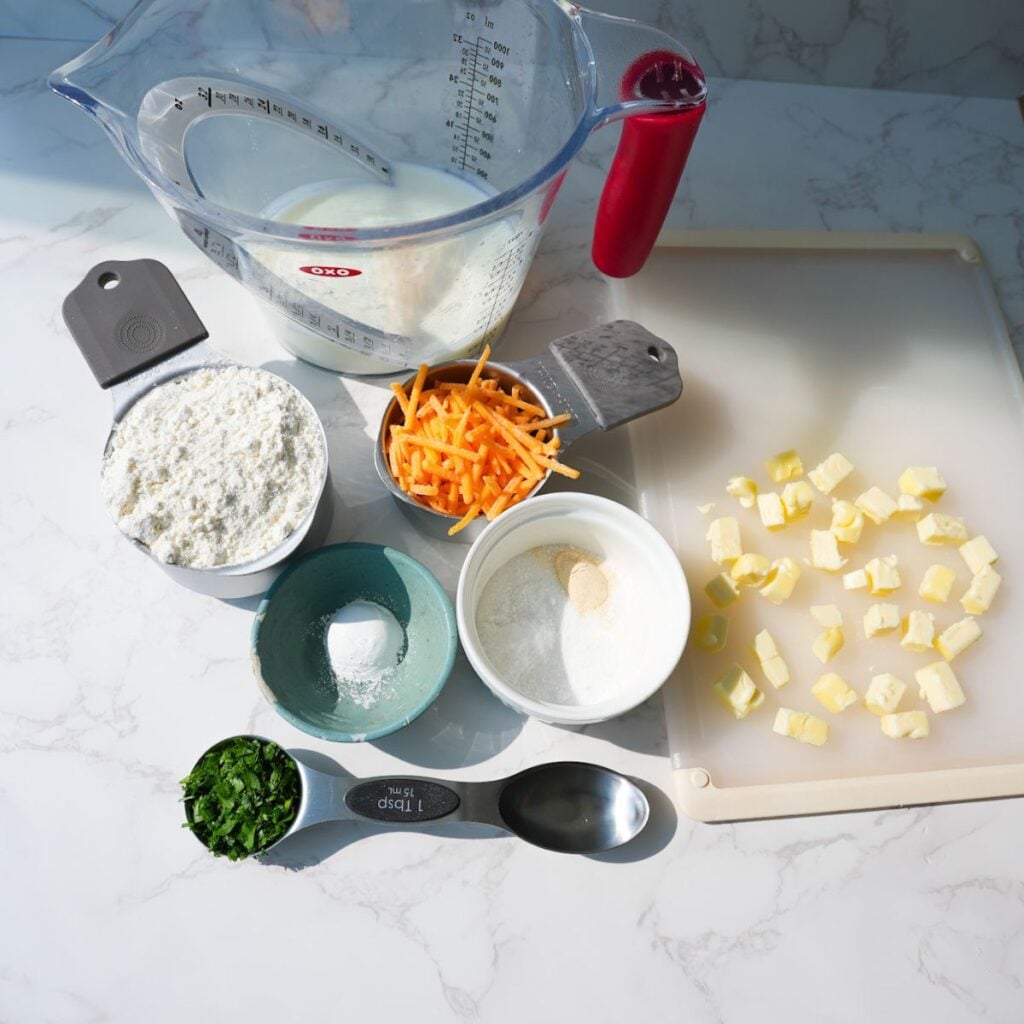 Ingredients for cheddar bay biscuits.