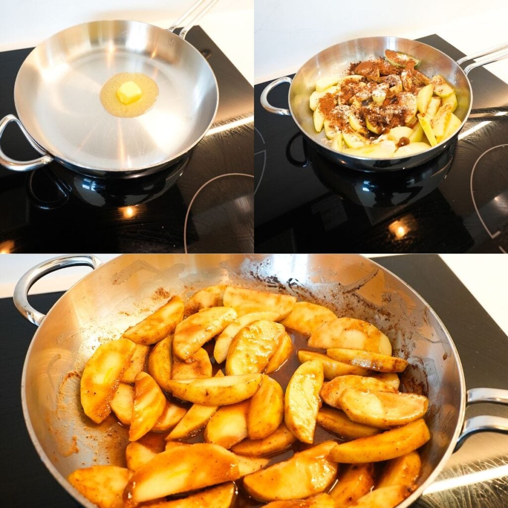 Apple cobbler filling cooking on the stove.