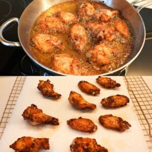 Chicken wings frying in a pan and cooling on a paper towel.