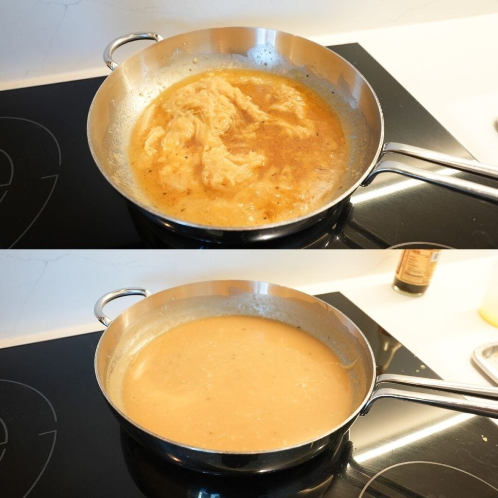 Gravy cooking in a pan.